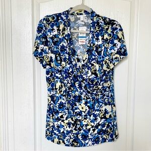 Charter Club Blue and White Ruched Short Sleeve Blouse